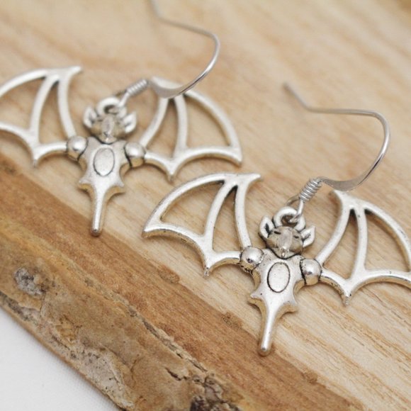 Large Silver Bat Charm Earrings - Picture 5 of 6